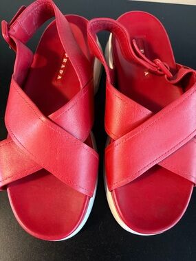 Prada Red Leather Crisscross Slingback Sandals with White Sole